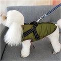 Padded dog coat with built-in harness in Army Green