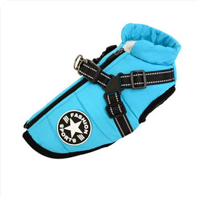 Padded dog coat with built-in harness in Baby Blue