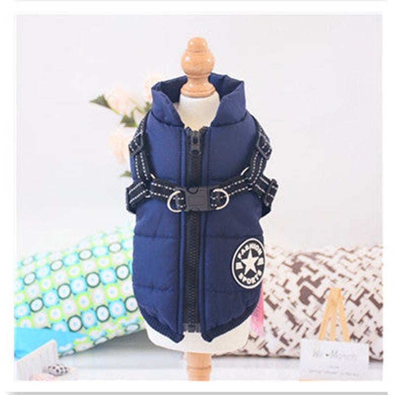 Padded dog coat with built-in harness in Blue