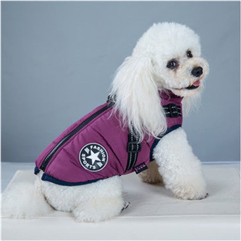 Padded dog coat with built-in harness in Purple