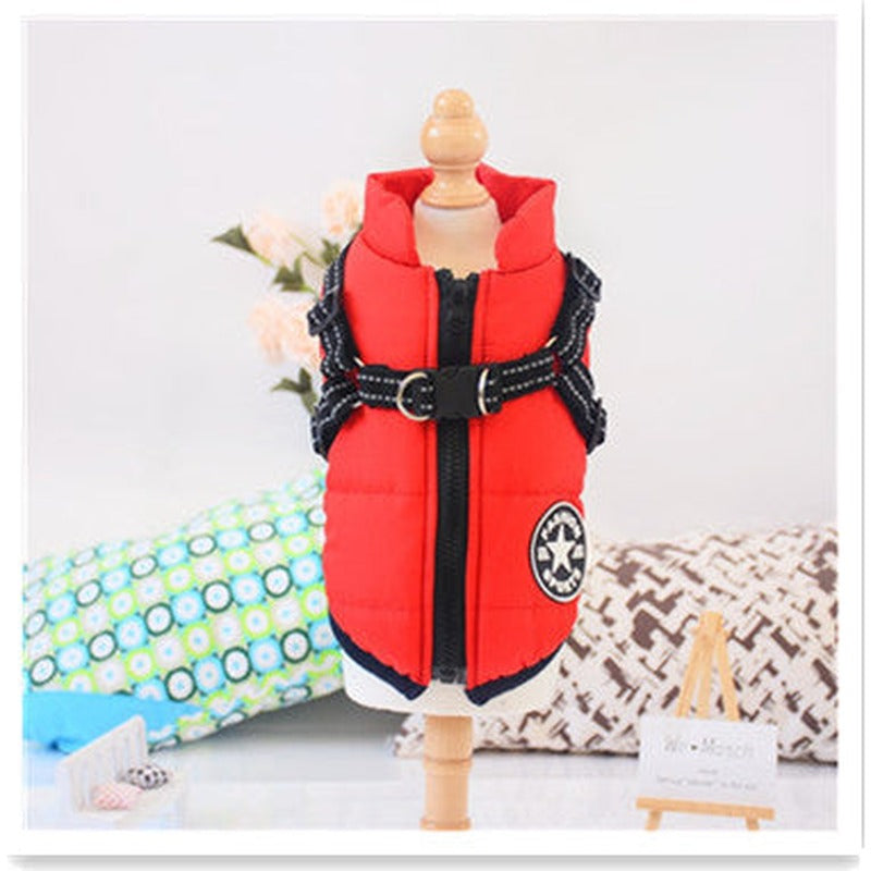 Padded dog coat with built-in harness in Red
